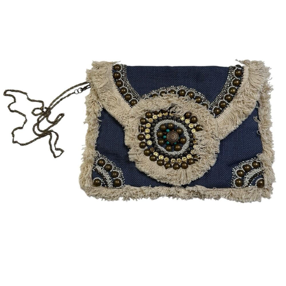 La Bellum Hillary Scott Jute Fringe Beaded Boho Envelope Crossbody Purse Bag Blu